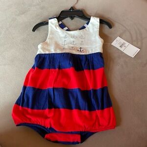 NWT Ralph Lauren red and blue stripes one piece, white bodice and snap bottom